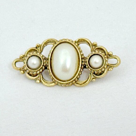 Two Vintage 1928 Brand Gold-Tone Faux Pearl Brooches - Picture 4 of 5